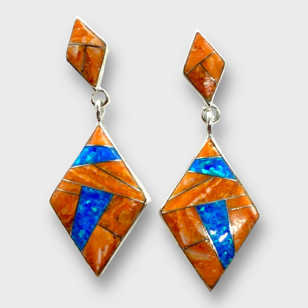 Sterling Silver Inlay Stone Rhombus Kite Shape Post Dangle Earrings