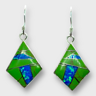 Sterling Silver Handmade Inlay Stones with Opal Rhombus Kite Shape Hook Earrings