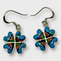 Sterling Silver Handmade Inlay Multi-Stone Heart Clover Shamrock Shape Hook Earrings