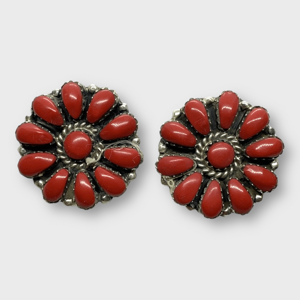 Sterling Silver Navajo Handmade Cluster Coral Stones Round Post Earrings