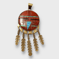 Bronze Handmade Inlay Different Stones Large Sun Face With Feathers Pendant