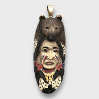 Handmade Bone Carved Painted Indian Head with Bear Head Feather Long Oval Shape Curved Back Detailed Pendant