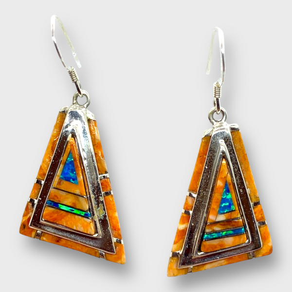 Handmade Inlay Stones Sterling Silver Triangle Shape Thick Hook Earrings