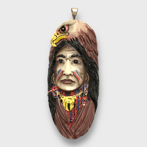 Handmade Bone Carved Painted Indian Head with Eagle Head Feather Long Oval Shape Curved Back Detailed Pendant