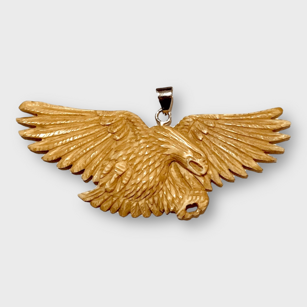 Handmade No Paint Bone Carved Flying Eagle Feathers Wide Flat Back Detailed Pendant