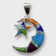 Sterling Silver Inlay Handmade Different Stones Star and Crescent Shape Pendant