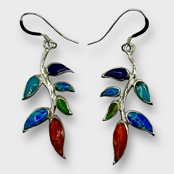 Sterling Silver Handmade Inlay Multi-Stone with Opal Vine Leaves Hook Earrings