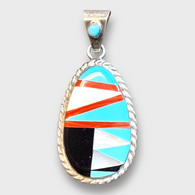 Sterling Silver Inlay Stones Mother of Pearl Round Oval Shape Indian Style Pendant