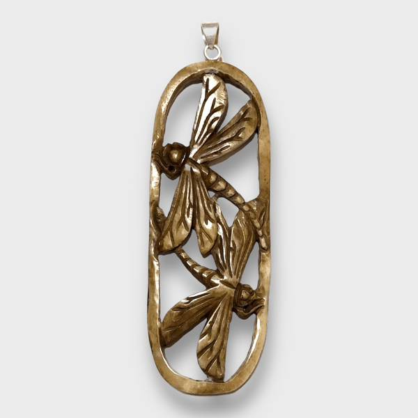 Handmade Bone Carved Long Hollow Oval Round Flying Two Dragonfly No Paint Detailed Pendant