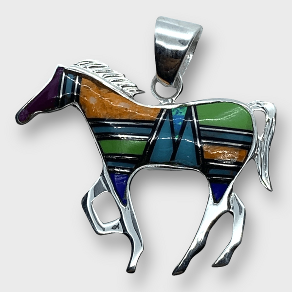 Sterling Silver Handmade Inlay Different Stones Medium Horse Shape Pendant