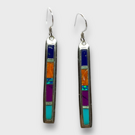 Sterling Silver Inlay Handmade Stones with opal Long Stick Shape Hook Earrings