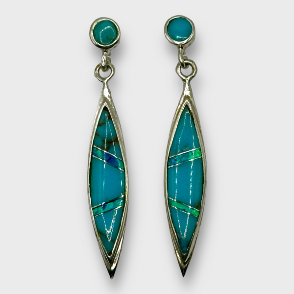 Sterling Silver Handmade Inlay Turquoise Opal Pointy Oval Shape Post Dangle Earrings