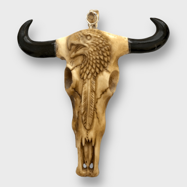 Hand carved Buffalo Head with Horn Eagle and Feather Detailed Bone Carved Pendant