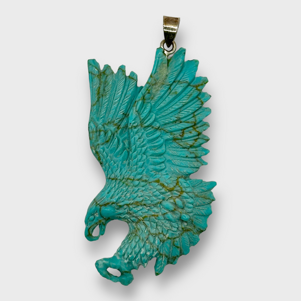 Turquoise Carved Handmade No Paint Flying Eagle Feathers Long Flat Back Detailed Pendant