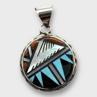 Sterling Silver Inlay Southwestern Style Stones and shells Round Pendant