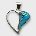 Sterling Silver Half Inlay Half Hollow Different Stones Heart Shape Pendant