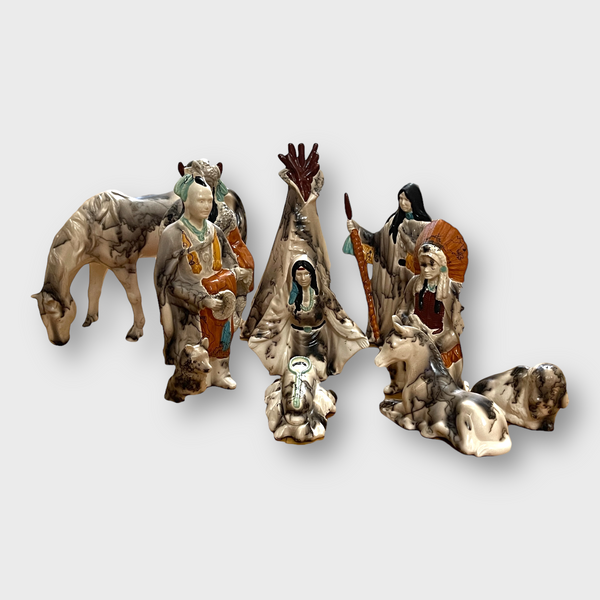 Handmade Ceramic 11 Piece Horse Hair Native Nativity Pottery Set By Luna