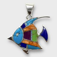 Handmade Sterling Silver Inlay Multi Stone Angelfish Shape Pendant