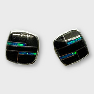 Sterling Silver Handmade Inlay Stones With opal Small Square Stud Earrings