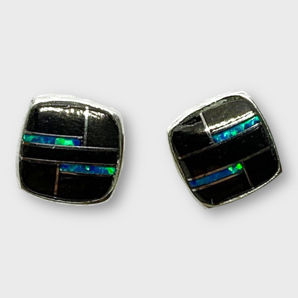 Sterling Silver Handmade Inlay Stones With opal Small Square Stud Earrings