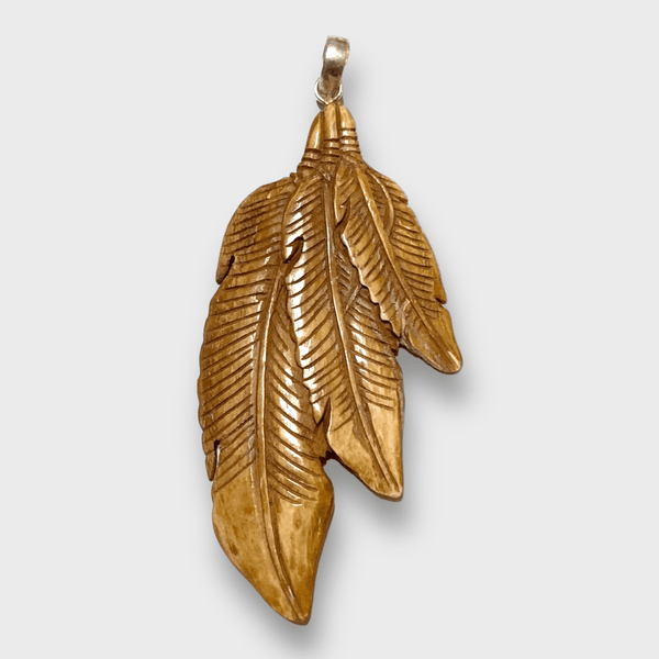 Bone Carved Handmade 3 Three different dangling Feathers Flat Back No Paint Detailed Pendant