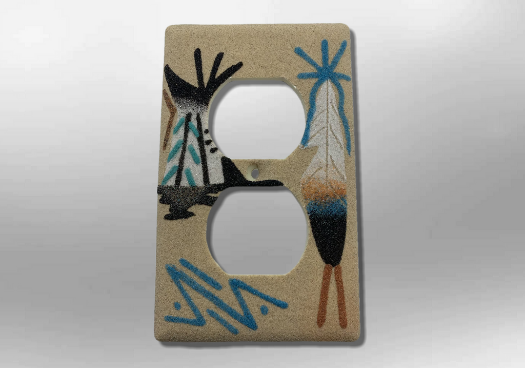 Handmade Navajo Sand Painting Feather Teepee 1 Standard Duplex Outlet Plate Cover - Kachina City
