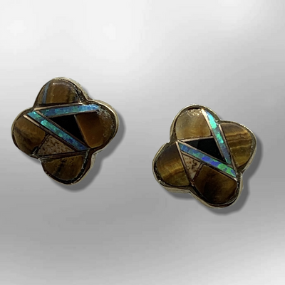 Bronze Inlay Different Stones Clover Shape Post Earrings