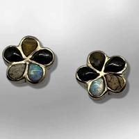 Bronze Handmade Inlay Stones Flower Small Post Earrings - Kachina City