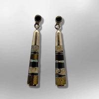 Bronze Inlay Different Stones Half Barrel Shape Post Dangle Earrings - Kachina City