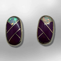 Bronze Inlay different Stones Long Oval Round Shape Post Earrings - Kachina City