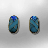 Bronze Inlay different Stones Long Oval Round Shape Post Earrings - Kachina City