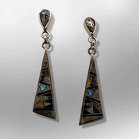 Bronze Inlay Stones Teardrop Triangle Post Dangle Earrings - Kachina City
