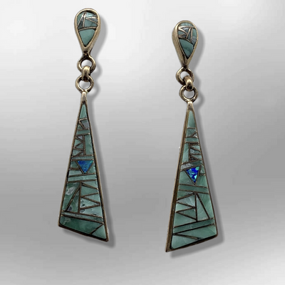 Bronze Inlay Stones Teardrop Triangle Post Dangle Earrings