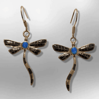 Bronze Inlay Stones Handmade Dragonfly Shape Hook Earrings