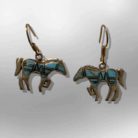 Bronze Inlay Handmade Different Stones Horse Shape Hook Earrings - Kachina City