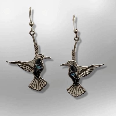 Bronze Handmade Inlay Different Stones Hummingbird Hook Earrings