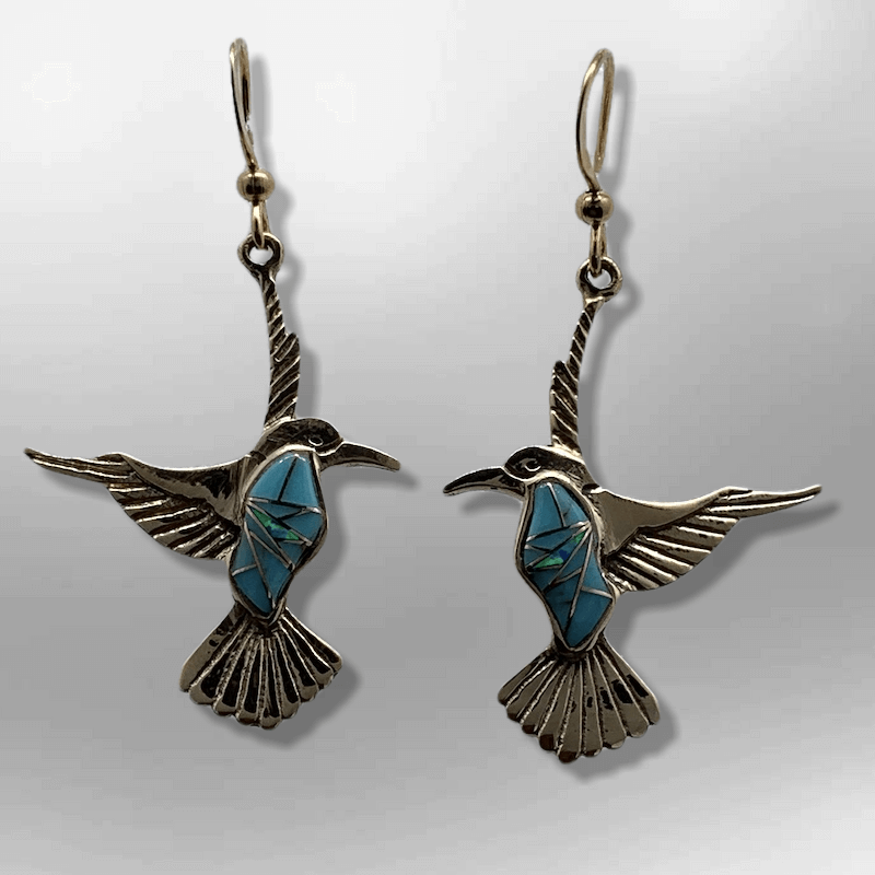 Bronze Handmade Inlay Different Stones Hummingbird Hook Earrings - Kachina City