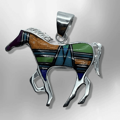 Sterling Silver Handmade Inlay Different Stones Medium Horse Shape Pendant