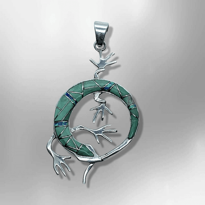 Handmade Inlay Different Stones Sterling Silver Lizard Round Shape Pendant