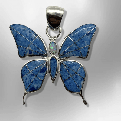 Sterling Silver Inlay Different Stones Medium Butterfly Shape Pendant