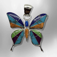 Sterling Silver Inlay Different Stones Medium Butterfly Shape Pendant - Kachina City