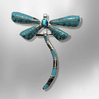 Sterling Silver Handmade Inlay Different Stones Dragonfly Shape Pin and Pendant