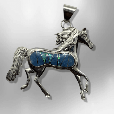 Sterling Silver Handmade Inlay Different Stones Large Horse Pendant