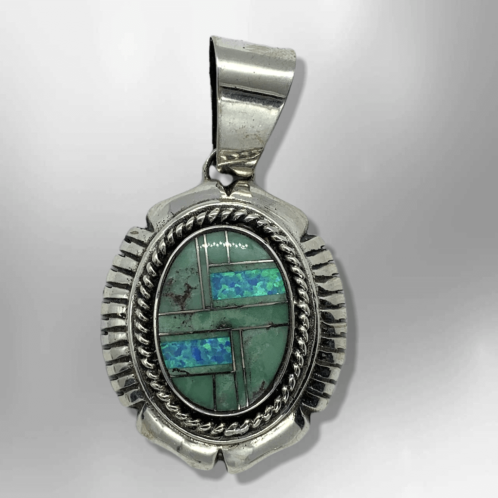 Sterling Silver Handmade Inlay Round Oval Gaspeite and Opal Pendant - Kachina City