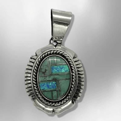 Sterling Silver Handmade Inlay Round Oval Gaspeite and Opal Pendant