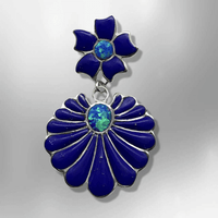 Sterling Silver Handmade Inlay Stone with Opal Two Part Flower Shape Pendant - Kachina City
