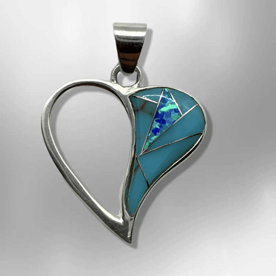 Sterling Silver Half Inlay Half Hollow Different Stones Heart Shape Pendant