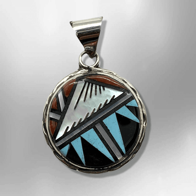 Sterling Silver Inlay Southwestern Style Stones and shells Round Pendant