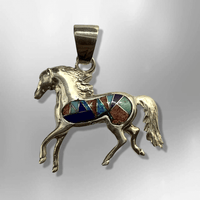 Sterling Silver Handmade Inlay Different Stones Small Horse Shape Pendant - Kachina City