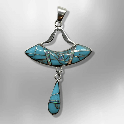Sterling Silver Handmade Inlay Different Stone Space Ship Teardrop Two Part Pendant
